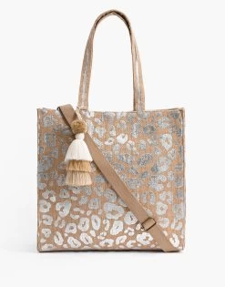 Leopard Handwoven Jute Brown Tote With Tassel By America & Beyond - Silver