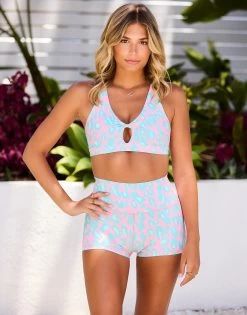 Katie Sports Bra By California Kisses - Adult - Cherry Blossom Aqua Leopard