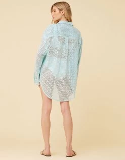 Crochet Stripe Button Down By Surf Gypsy - Tropical Blue -Chic Mode Shop G11043BLUEBUTTONDOWN 2