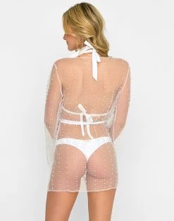 Girl Gang Pearl Mesh Mini Robe - White -Chic Mode Shop GIRLGANGMINIROBE WHT