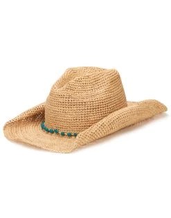 Crochet Raffia Cowboy W/ Beaded Trim By San Diego Hat Company - Natural/ Turquoise
